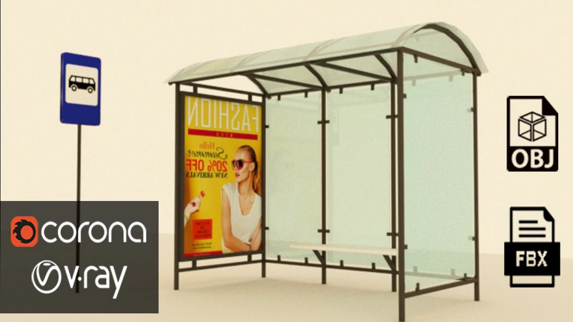 Bus stop station 3D Model .c4d .max .obj .3ds .fbx .stl .blend 