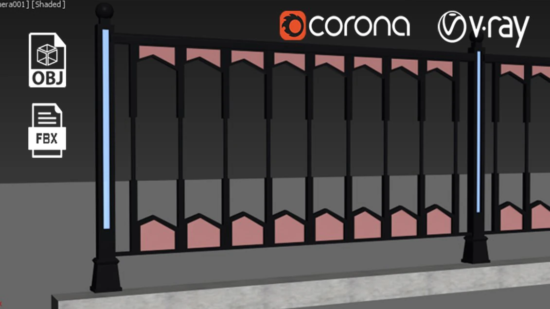 Fence with railings 3D Model .c4d .max .obj .3ds .fbx .stl .blend 