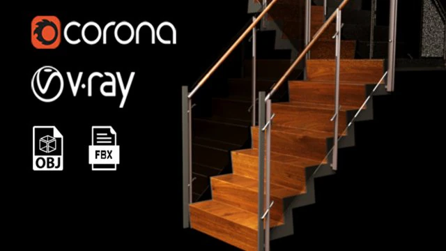 유리 난간이 있는 콘크리트 계단 3D 모델 .c4d .max .obj .3ds .fbx .stl .blend