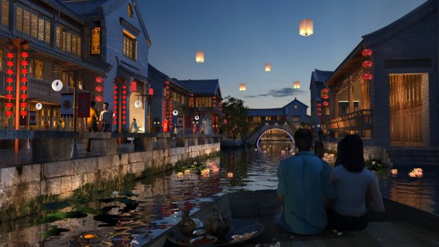 ancient town night view 3D Модель .c4d .max .obj .3ds .fbx .stl .blend 