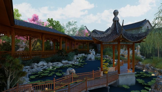 Ancient building pavilion 3D 모델 .c4d .max .obj .3ds .fbx .stl .blend 