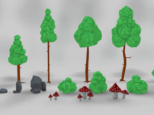 게임용 자산 팩 나무 덤불 돌 버섯 3D 모델