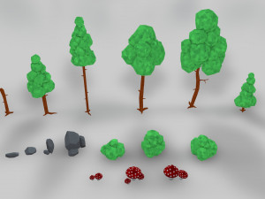 asset pack trees bush stones mushrooms for game 3D Model