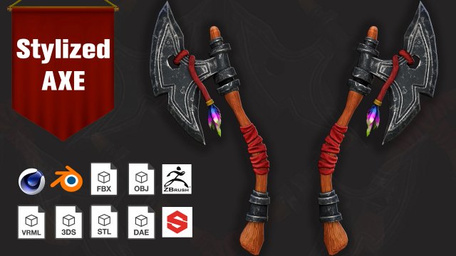 Stylized Axe Low-poly 3D Model .c4d .max .obj .3ds .fbx .stl .blend 