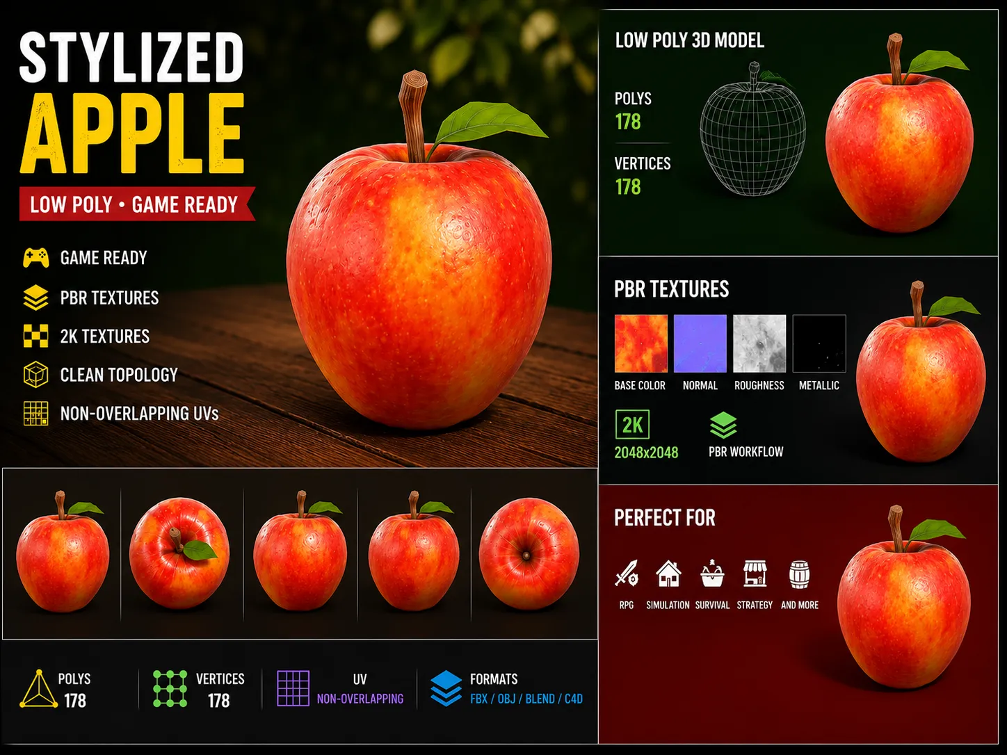 Stylized Low Poly Apple 3D Model .c4d .max .obj .3ds .fbx .stl .blend 
