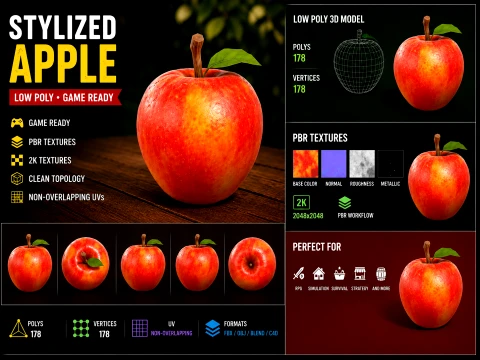 Stylized Low Poly Apple 3D Model