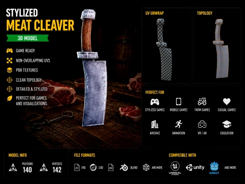 Stylized Meat Cleaver - Low Poly Game Ready Prop 3D Model