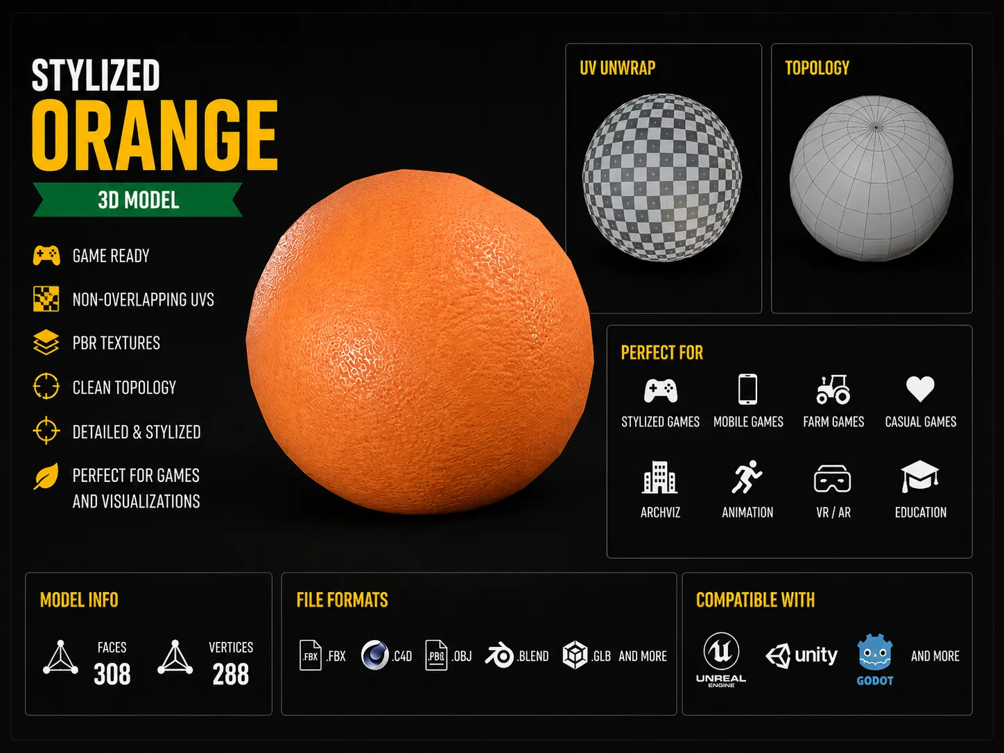 Stylized Orange Low-Poly 3D Model .c4d .max .obj .3ds .fbx .stl .blend 