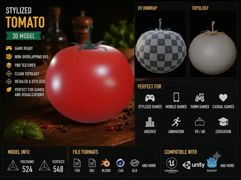 Stylized Tomato Low Poly 3D Model .c4d .max .obj .3ds .fbx .stl .blend 