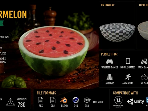 Stylized Watermelon Game-Ready 3D Model