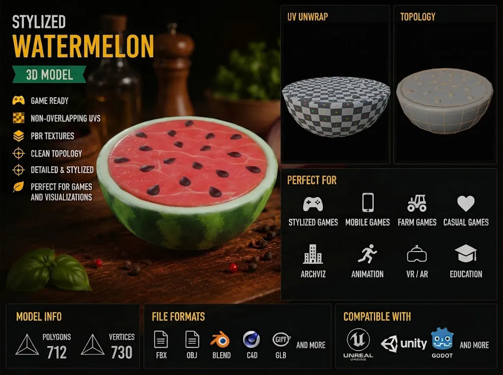 Stylized Watermelon Game-Ready 3D Model .c4d .max .obj .3ds .fbx .stl .blend 