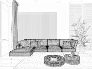 livingroom with bedroom and kitchen interior scene Modèle 3D