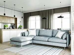 living room and kitchen interior scene 3D-Modell