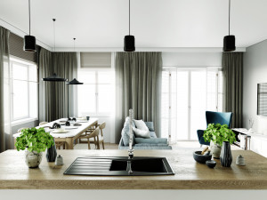 living room and kitchen interior scene 3D-Modell