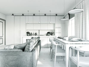living room and kitchen interior scene 3D-Modell