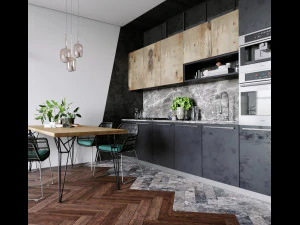 客厅和厨房的室内场景 3D 模型