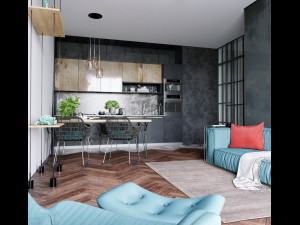 livingroom and kitchen interior scene 3D 模型