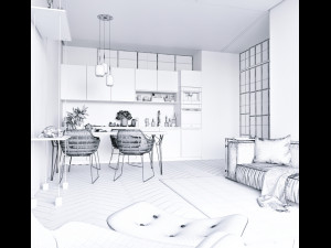 livingroom and kitchen interior scene 3D 模型