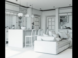 livingroom and kitchen interior scene Modèle 3D