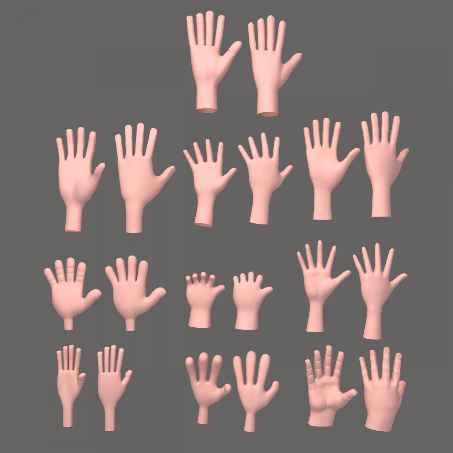 Ten hands. Hand 3d model. Cartoon hand 3d model. Realistic female hand 3d model.
