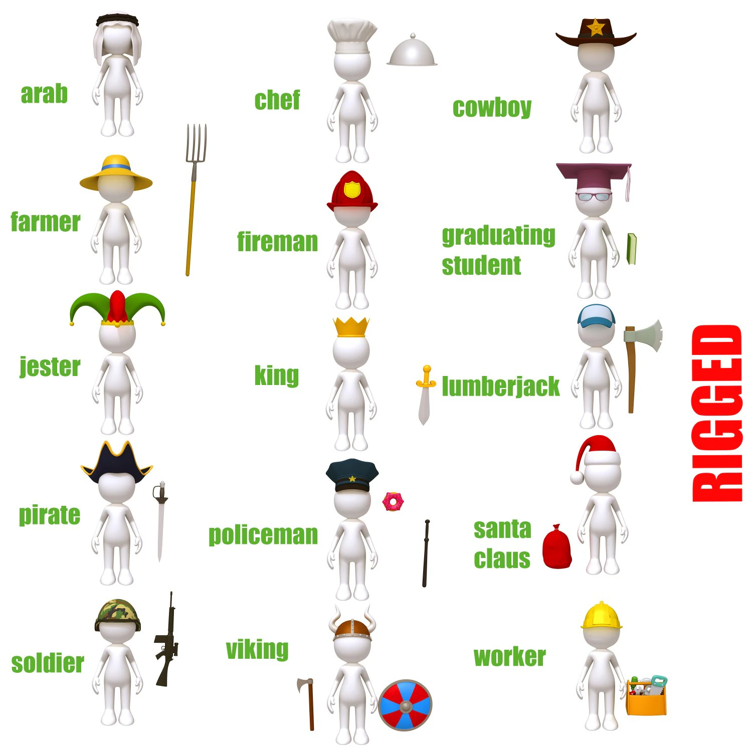 stickman 15 characters collection rigged 3D Model .c4d .max .obj .3ds .fbx .stl .blend 