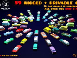 59 rigged and drivable lowpoly cars Model 3D