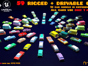 59 mobil lowpoly yang dipasang dan dapat dikendarai Model 3D
