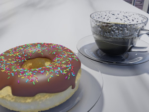 kitchen room with hdr lights and donut with hot coffee cup 3D Model