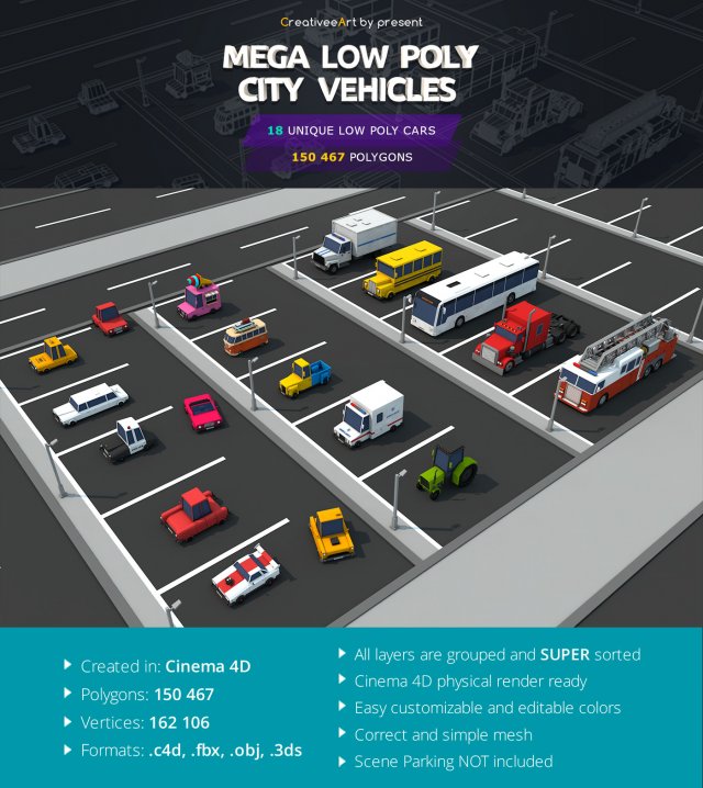 mega low poly sity vehicles pack 3D Модель .c4d .max .obj .3ds .fbx .stl .blend 