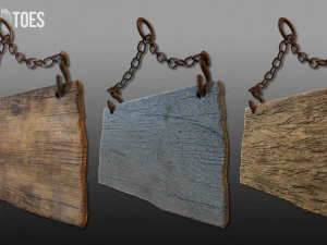 3d hanging wooden signs - game ready 3D Model