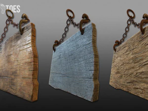 3d hanging wooden signs - game ready 3D Model