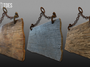 3d hanging wooden signs - game ready Model 3D