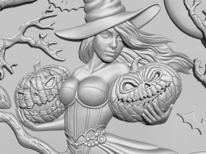 STL CNC Router file Witch with pumpkins 3D Model