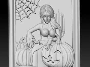 STL CNC Router file Witch with pumpkins Elvira 3D Model