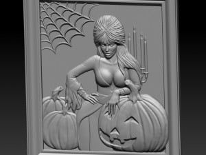STL CNC Router file Witch with pumpkins Elvira 3D Model