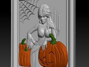 STL CNC Router file Witch with pumpkins Elvira 3D Model