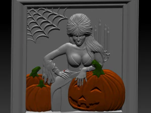 STL CNC Router file Witch with pumpkins Elvira 3D Model