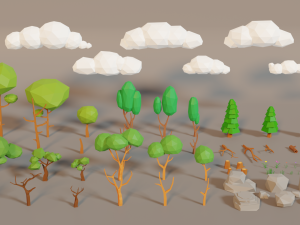 forest lowpoly pack trees grass and rocks Modelo 3D