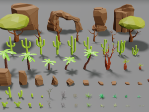 desert pack lowpoly trees palms cactus rock grass low-poly cartoons 3D Model