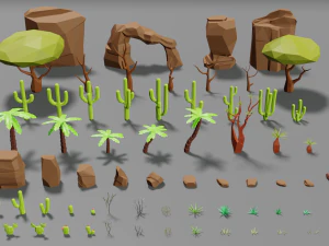 沙漠包低聚树木棕榈仙人掌岩石草低聚卡通 3D 模型