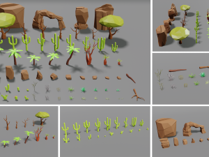 desert pack lowpoly trees palms cactus rock grass low-poly cartoons 3D Model