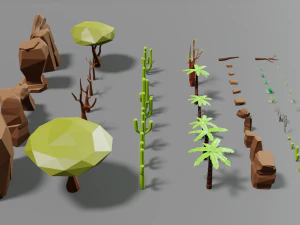 desert pack lowpoly trees palms cactus rock grass low-poly cartoons 3D Model