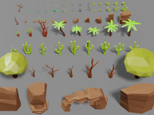 desert pack lowpoly trees palms cactus rock grass low-poly cartoons 3D Model