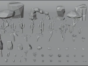 desert pack lowpoly trees palms cactus rock grass low-poly cartoons 3D Model