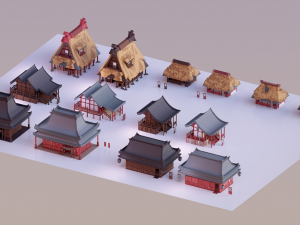 asian style village low poly Model 3D