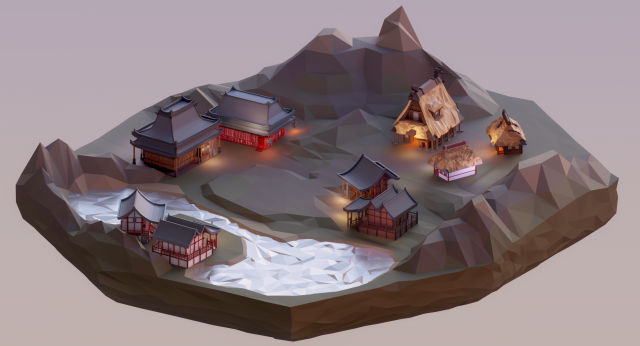asian style village low poly Model 3D .c4d .max .obj .3ds .fbx .stl .blend 