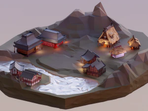 アジア風の村の低ポリ 3Dモデル