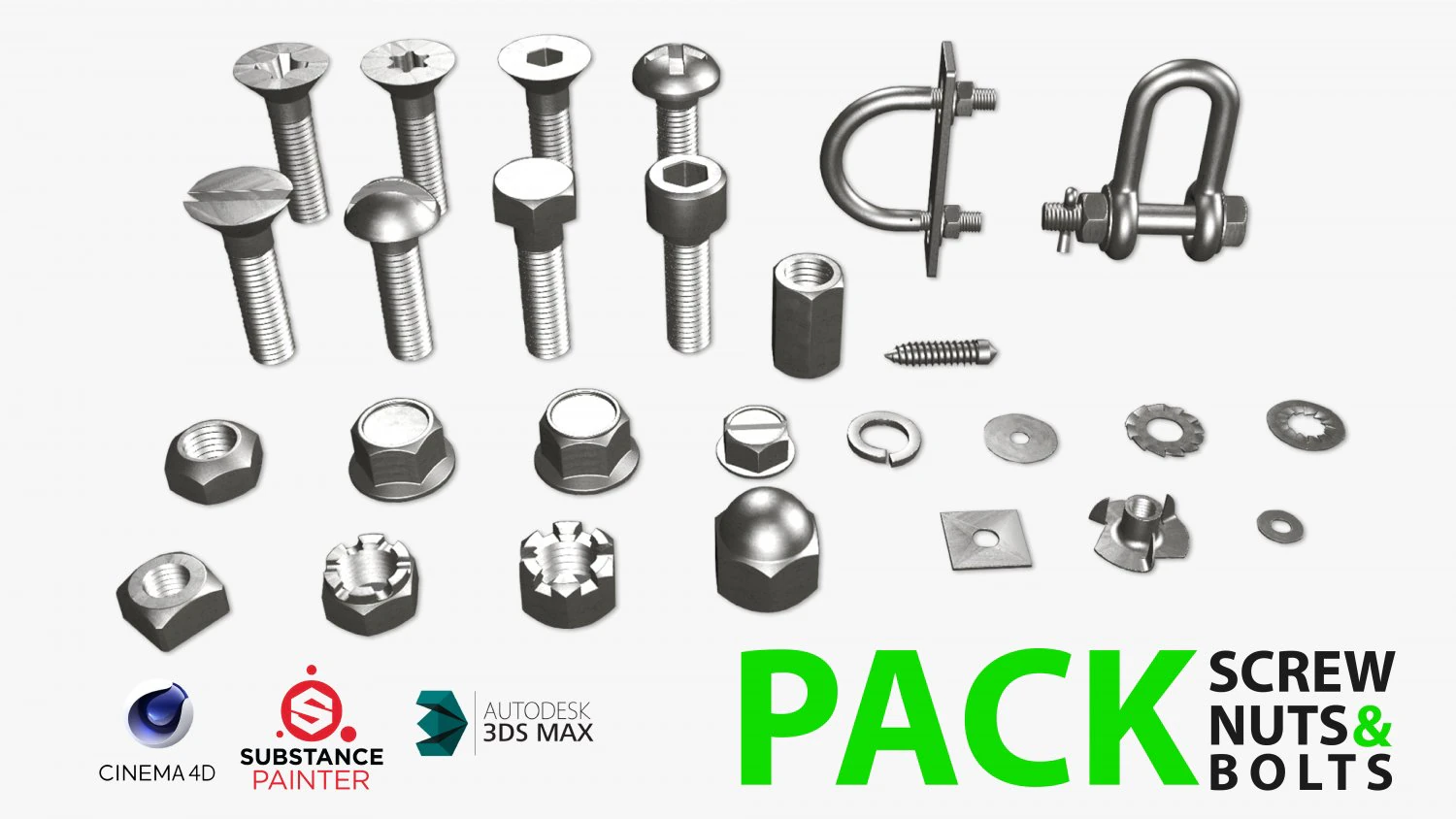 Collection of various Screws nuts and bolts Pack 27 in One 3D Model .c4d .max .obj .3ds .fbx .stl .blend 