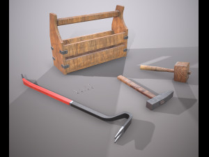 wooden toolbox and tools Model 3D