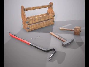 wooden toolbox and tools 3D Model